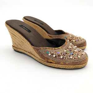 Vintage Y2K xhilaration Wedge Sandals Size 8 Brown Beaded Boho Espadrille Jute